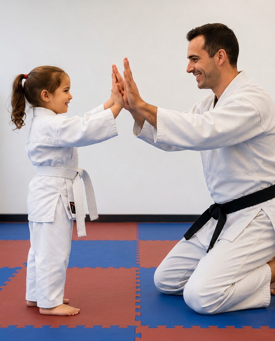 A Is Your Preschooler student smiling proudly after class at Roman's Shin Karate in Hamilton
