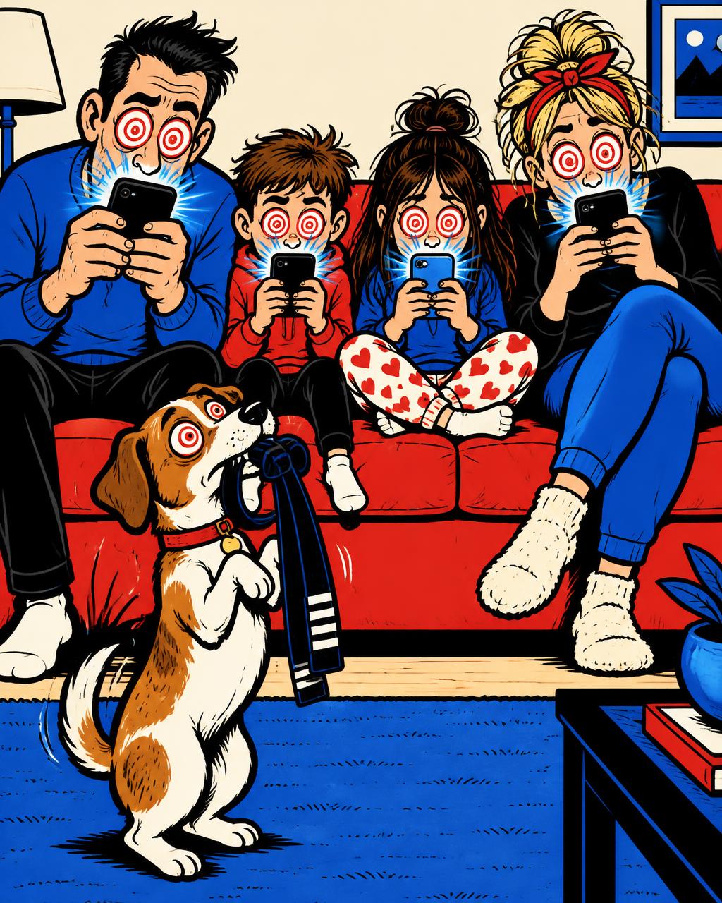 Cartoon of a family hypnotized by their phones while the dog begs with a karate belt