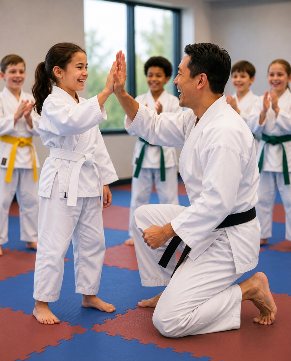 A Is Your Child student smiling proudly after class at Roman's Shin Karate in Hamilton