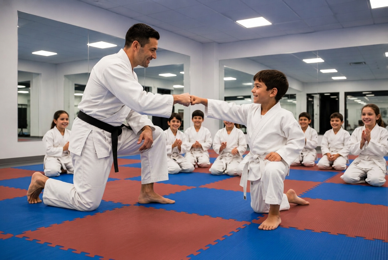 An instructor supervising The One Hour students closely during class at Roman's Shin Karate in Hamilton