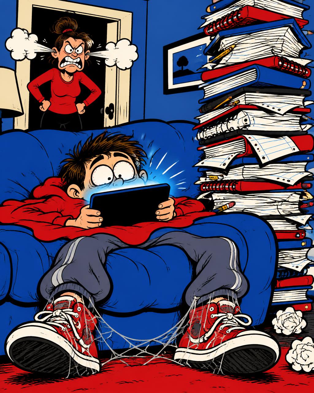 Cartoon of a kid melted into the couch with a tablet while an exasperated mom looks on
