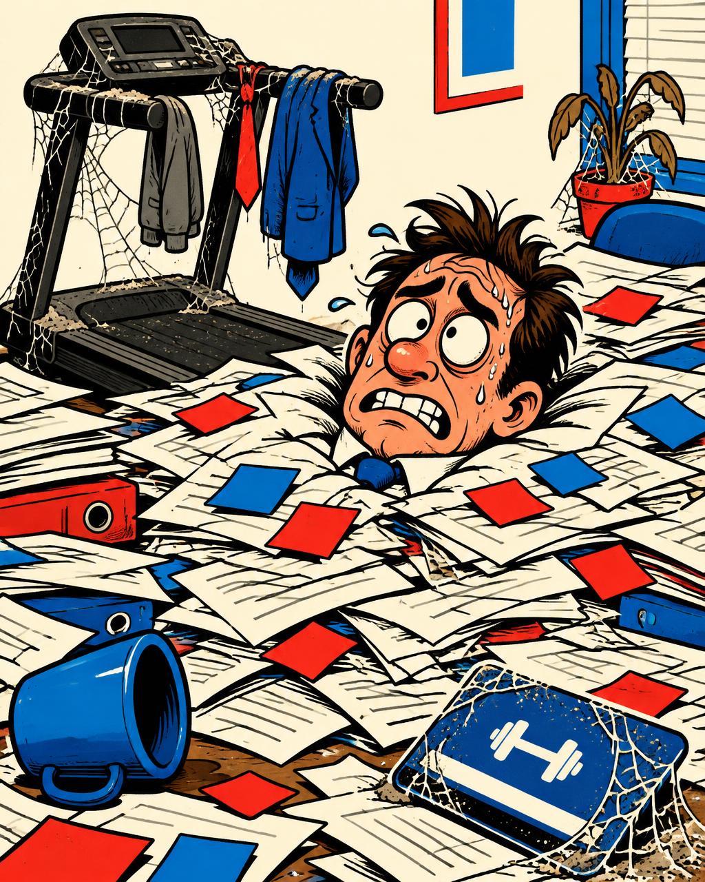 Cartoon of a stressed adult buried in paperwork next to a dusty treadmill